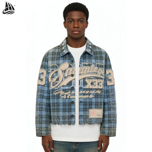 <span class=keywords><strong>Giacca</strong></span> <span class=keywords><strong>di</strong></span> Jeans a Quadri Personalizzata Streetwear da <span class=keywords><strong>Uomo</strong></span> con Colletto a Stella, Patch Ricamate, <span class=keywords><strong>Paillettes</strong></span>, Strass e Bordi Distressed - Product Image 1