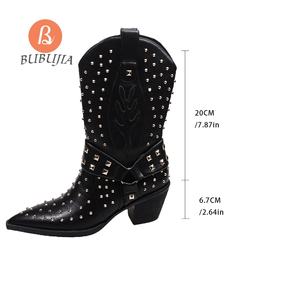 Stivali da Cowboy personalizzati da donna classici stivaletti di colore nero con tacco in pelle sintetica stivali occidentali a metà polpaccio con rivetto - Product Image 4