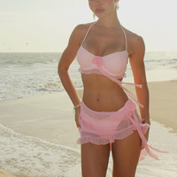 Sexy doorschijnende mesh bikiniset 3-delig met bloemenrozet, geruite bh, slip en sarong met strik aan de zijkant, strandkleding, lingerie, badpak