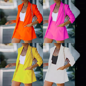 Damen 2-Teiliges Einfarbiges Langarm V-Ausschnitt Knopf-<span class=keywords><strong>Blazer</strong></span> und Shorts Set Elegantes Polyester Casual Mode für Alle Jahreszeiten - Product Image 2