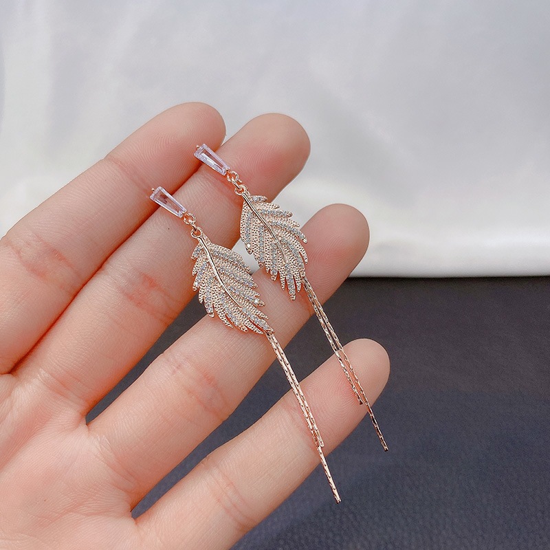 HUIBANG 2022 New Fashion S925 Sterling Silver Earrings Korean Style Leaves Diamond Tassel Earrings For Women''s Gift