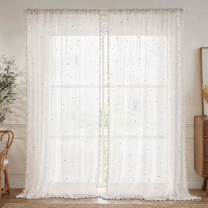 COSENNATUR Rideau en gaze de polyester avec passe-tringle et franges à pompons, motif à pois texturés, filtrant la lumière, vente en gros - Product Image 5
