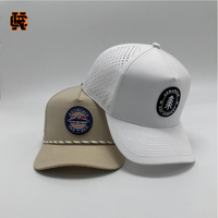 Gorra de golf y actividades al aire libre de rendimiento superior con parche de logotipo tejido personalizado, corte láser, perforada, impermeable, de nailon, con cierre a presión, OEM, venta al por mayor, MOQ 50