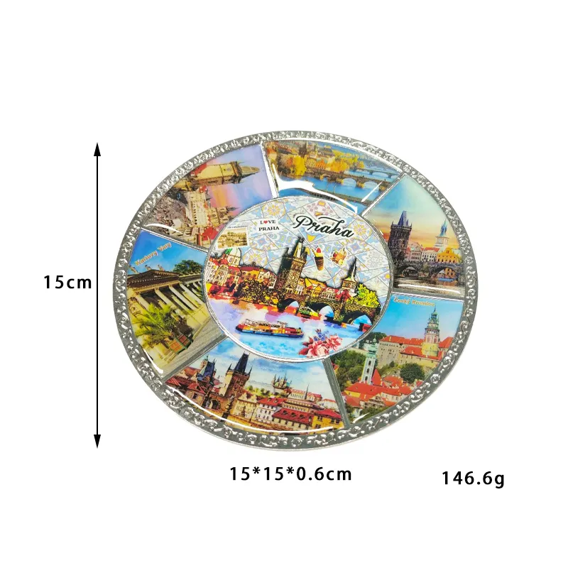 Custom Logo Prague Drop Adhesive Sticker Tourist City Souvenir Plate Zinc Alloy Craft Decorative Metal Decoration Minimalist