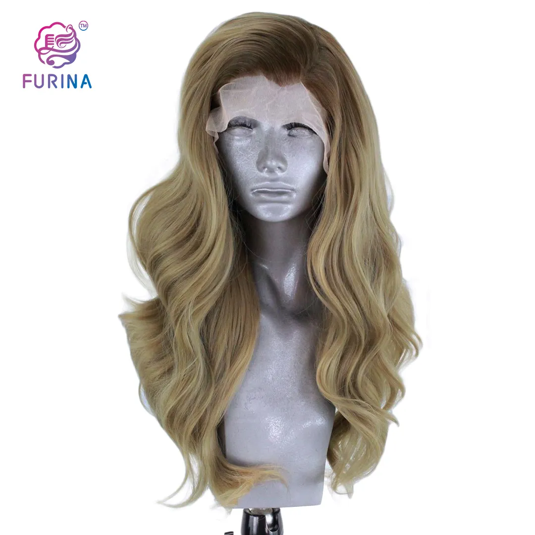 Furina Fashion hot sale Linen gradient long wavy wigs synthetic hair ombre synthetic lace front heat resistant