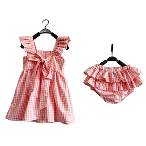 Set di Abbigliamento Personalizzato per Bambina, Vestito Casual 100% Cotone a Maniche Corte, Motivo a Quadri <span class=keywords><strong>Rosso</strong></span> e Bianco per Bambini - Product Image 5