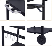 Table de camping pliable à roulettes pour barbecue, 2 étagères, 4 crochets, en acier inoxydable thermolaqué, chariot de service polyvalent pour cuisine et jardin