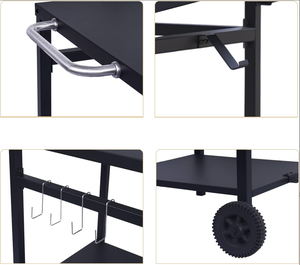Table de camping pliable à roulettes pour barbecue, 2 étagères, 4 crochets, en acier inoxydable thermolaqué, chariot de service polyvalent pour cuisine et jardin - Product Image 6