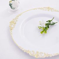 Lot de 350 ensembles de vaisselle assiettes blanches avec motif de fleurs dorées pour 50 invités vaisselle jetable en plastique robuste pour la fête