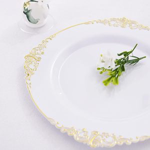 Lot de 350 ensembles de <span class=keywords><strong>vaisselle</strong></span> assiettes blanches avec motif de fleurs dorées pour 50 invités <span class=keywords><strong>vaisselle</strong></span> <span class=keywords><strong>jetable</strong></span> en <span class=keywords><strong>plastique</strong></span> robuste pour la fête - Product Image 5