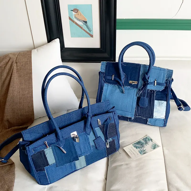 Hot selling square denim tote bag with straps silver hardware jean tote bag Blue cotton canvas tote bag for Women