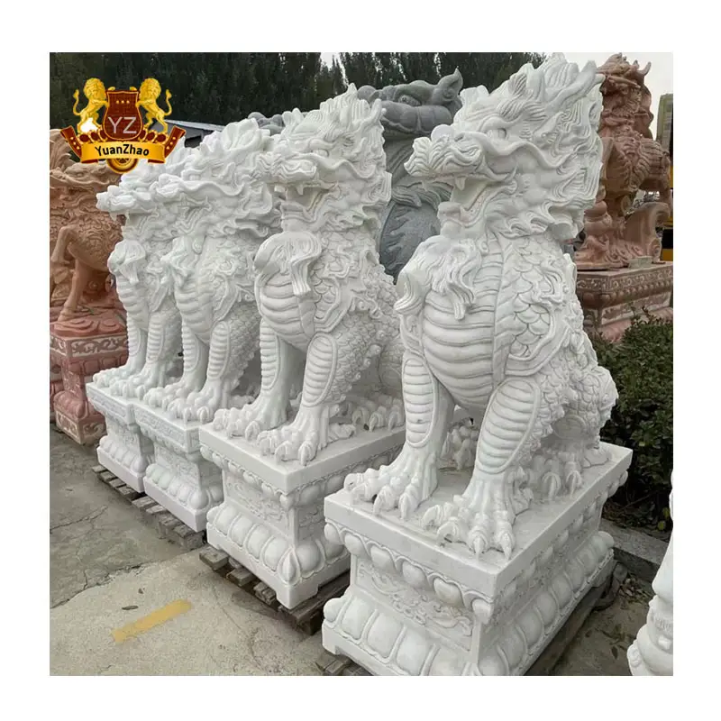 Modern Art Hand Carved Natural Stone Chinese Qilin Statue Chinese Kirin Sculpture Garden Stone Statue White Marble Kylin Statue