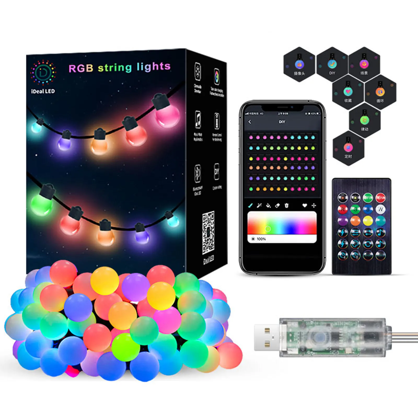 USB 판타지 볼 스트링 조명 RGB 블루투스 APP 포인트 컨트롤 라이트 야외 방수 캠핑 장식 RGB 스트링 라이트