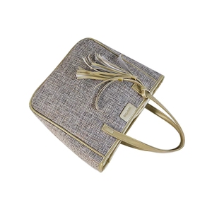 Sacs fourre-tout en toile de jute réutilisables grande capacité pour femmes, sacs à bandoulière tissés à la française avec pompons, vente en gros - Product Image 5