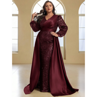 Robe de soirée sirène moderne grande taille en satin à sequins avec cape, taille naturelle, élégante, col en V, bretelles fines, motif