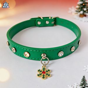 Pet <b>Dog</b> <b>Collar</b> PU Leather Yellow Jeweled Christmas Pendant Small Breed Winter Solid Color - Product Image 2