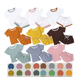 Customized Color Kids Girls Short Sleeve Clothing Set Multi Colors Ribbed Fabric Baby Outfits