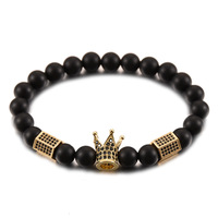 Ensemble de bijoux pour homme Hip Hop de luxe 2 pièces, bracelet en onyx noir mat et pierre de lave, bracelet avec pendentif roi en CZ noir glacé
