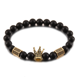 Set <span class=keywords><strong>di</strong></span> 2 Bracciali da Uomo Hip Hop <span class=keywords><strong>di</strong></span> Lusso con Onice Nero Opaco e Pietra Lavica, Bracciale con Corona e Charm <span class=keywords><strong>Re</strong></span> Nero CZ Iced Out - Product Image 5