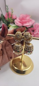 Luxury Vintage Handcrafted Kundan Polki Jhumka <b>Earrings</b> with <b>Emerald</b> Ruby Accents & Drops | Gold Plated Bridal <b>Earrings</b> set - Product Image 4