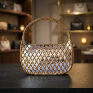 Sac de soirée classique en daim orné de perles et de miroirs, forme demi-lune, avec fermeture éclair, élégant sac à main de fête - Product Image 2
