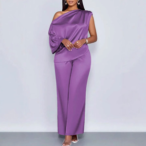 Ensemble décontracté en satin pour femme, style transfrontalier, avec haut à col asymétrique et pantalon, style européen et américain - Product Image 4