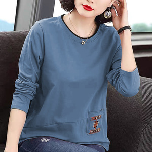 Women's Loose Long Sleeve T-Shirt With Embroidered Pocket Round Neck Casual Knitted Top For Everyday Wear - Product Image 2
