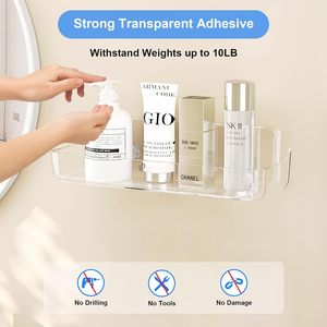 Support de douche mural en acrylique, étagère adhésive transparente sans perçage pour les murs suspendus, étagère de salle de bain en acrylique avec ruban adhésif - Product Image 2