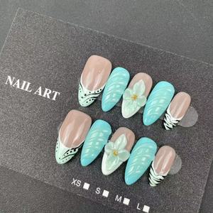 Vente en gros d'usine : Ongles à presser en amande faits main de haute qualité, style sculpté 3D vert joyeux, réutilisables - Product Image 2