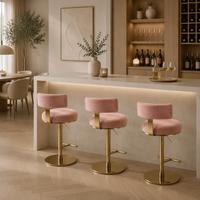 Tabouret de bar moderne rose en gros, pivotant, réglable en hauteur avec vérin à gaz, base dorée pour îlot de cuisine, café, restaurant