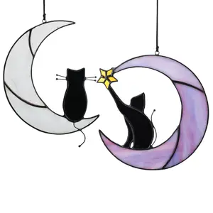 Stained Glass Black Cat Sitting On Moon Suncatcher, Handcrafted Window Hangings