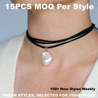Collier en cuir et cordon ciré personnalisé avec 15 pierres naturelles, breloque en acier inoxydable, perle baroque d'eau douce, élégant collier ras du cou pour femme