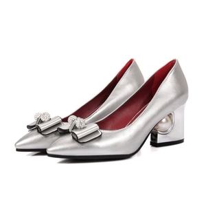 Zapatos de tacón grueso con punta y lazo, estilo dulce, para mujer, con diamantes de imitación, novedad de primavera, verano y otoño, talla única. - Product Image 5