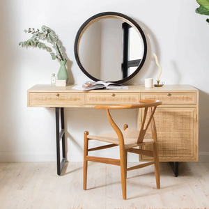 Mesa de estudio de madera de teca y ratán con estructura de hierro, elegante y duradera, para oficina en casa o área de estudio, con un robusto marco de hierro. - Product Image 5