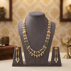 Prayom Gold Fine Jewelry <b>Set</b> 30.060g Multi Layer <b>Necklace</b> and Earrings <b>Pearl</b> Bead Charm Pendant for Wedding Romantic Occasion - Product Image 4