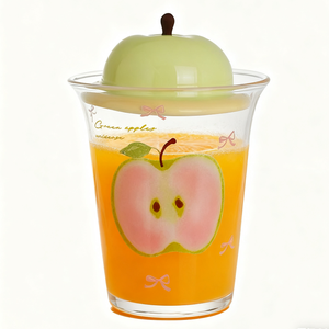 أواني زجاجية خضراء لطيفة بنمط تفاح كوب زجاجي بغطاء على شكل تفاحة تصميم مبتكر بعقدة فراشية هدية منزلية - Product Image 3