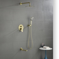 Système de douche et baignoire en or brossé avec robinet dissimulé rond, douchette pluie ronde, douchette à main ronde et bec de baignoire trois voies