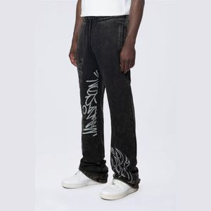 Pantalones de chándal casuales de algodón y poliéster con efecto desgastado, estilo vintage, con pedrería y lavado ácido, de forro polar negro apilado para streetwear. - Product Image 5