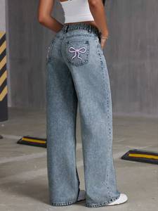 Nuovi <span class=keywords><strong>Jeans</strong></span> da <span class=keywords><strong>Donna</strong></span> a Vita Alta Stile Baggy a Gamba Dritta con Fiocco Vestibilità Comoda in Denim Lavato Estivi Effetto Ringiovanente Pantaloni a Gamba Larga Stile Dolce - Product Image 3