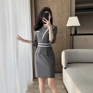 Professional Pencil Dress Women O-Neck Color Blocking Splicing Navy Blue Black Gray Polyester Career Work Uniforms - Product Image 2