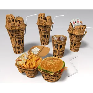 Eco-Friendly Fast Food Restaurante Hamburger Box Burger Fries Ketchup Batata cunhas Embalagem Com Impressão Personalizada