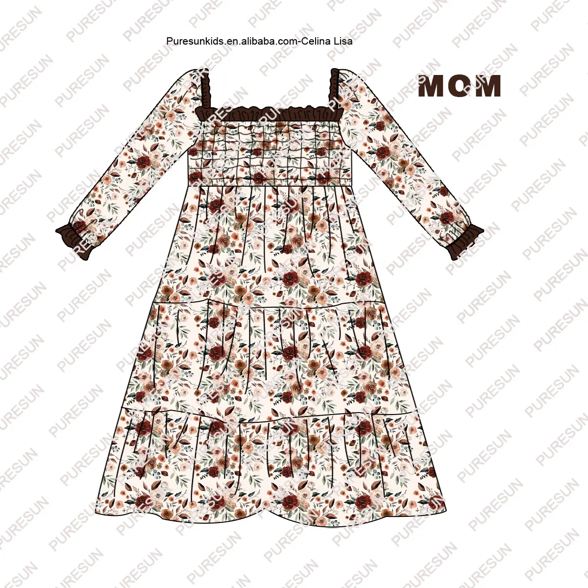 Puresun customized family matching kids clothes ladies fall long sleeves floral dress mom autumn maxi dress