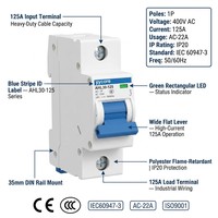 Interruptor Automático Industrial de Servicio Pesado 1P MCB 400V 125A 6kA Curva BCD C AHL30-125 AC-22A IEC60947-3 IP20 CE CCC OEM ODM