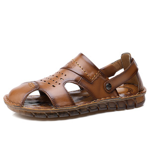 Men's Summer Flat <b>Sandals</b> Top Grain Cowhide <b>Closed</b> <b>Toe</b> Breathable Non Slip Soft Rubber Sole Khaki Brown Slip On Adult - Product Image 5