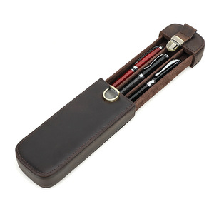 Vintage <strong>Crazy</strong> Horse Leather Pencil Case Handmade Lock Drawer Type Office Travel 3 Pens Storage Box - Product Image 5