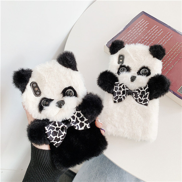 2022 New Hairy Cute Plush Fur Panda Animal Mobile Phone Case Soft Plush Bag for iphone 13 12 11 Pro Max XS MAX XR Back Cover