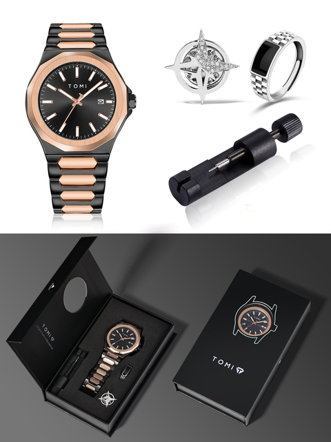 TOMI Luxury Men's Business Watch Gift Set Featuring a Sophisticated Rose Gold Case, Minimalist Design, and Quartz Movement.