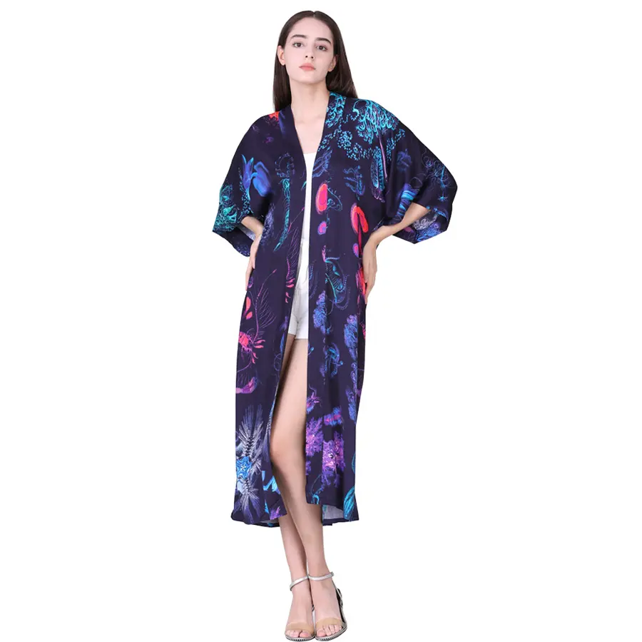 Donna lungo maxi kimono vestito da donna beach cover up robe cardigan stampato personalizzato con le tue foto in vendita