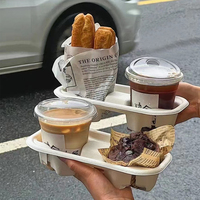 Plateau porte-gobelets 2 tasses en pulpe de bagasse, sans PFAS, biodégradable, compostable, 218x110x47mm, jetable, étanche, écologique, recyclable