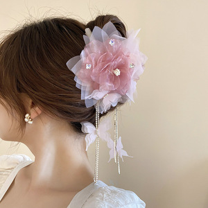 <b>Sweet</b> Mesh <b>Flower</b> Butterfly Tassel Hair Claw For Women Wedding Decorate Accessory - Product Image 4